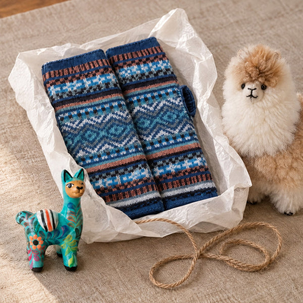 Fair Isle alpaca fingerless gloves wrapped in white paper, beside an alpaca soft toy and a painted ceramic llama