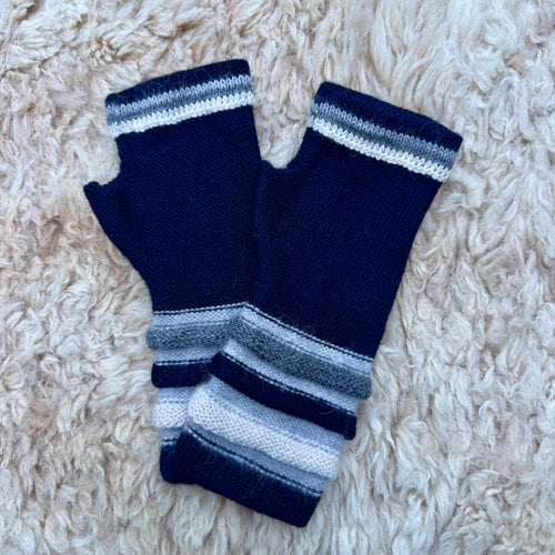 Midnight Navy Baby Alpaca Fingerless Gloves | Grey Striped Wrist Warmers