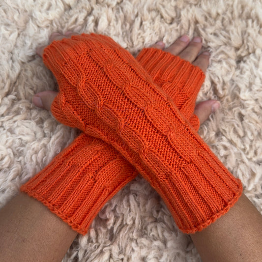 Orange Alpaca Blend Cable Knit Fingerless Gloves