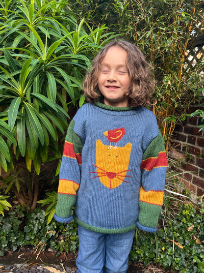 Alpaca wool cat jumper, Toddler knitted jumper, Cat and bird knitted Jumper,  Green cat knit sweater,  Cat gifts