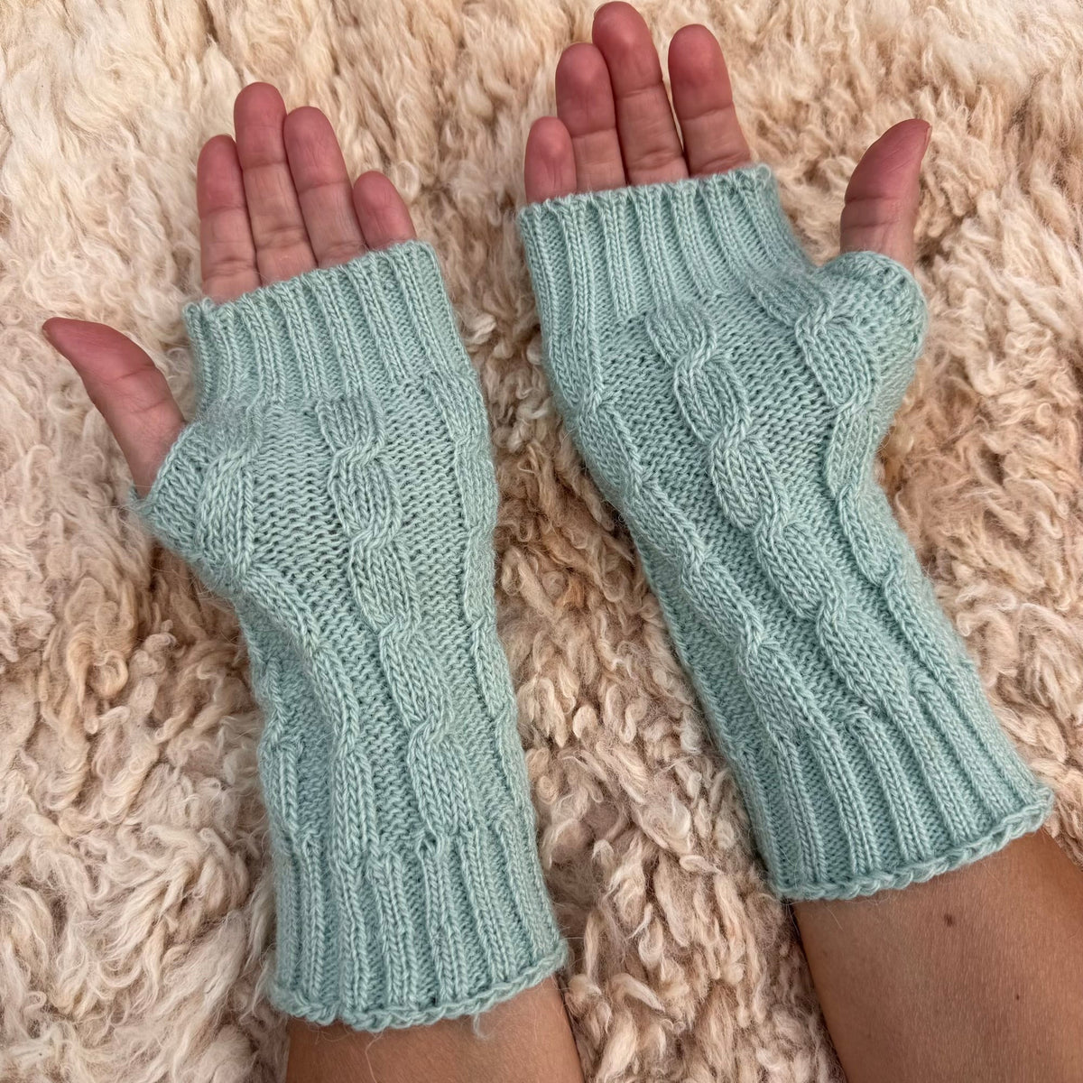 Aquamarine Alpaca Blend Cable Knit Fingerless Gloves