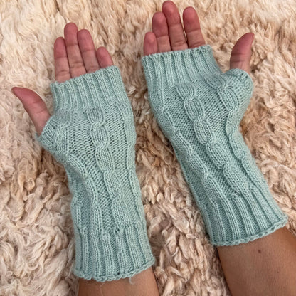 Aquamarine Alpaca Blend Cable Knit Fingerless Gloves