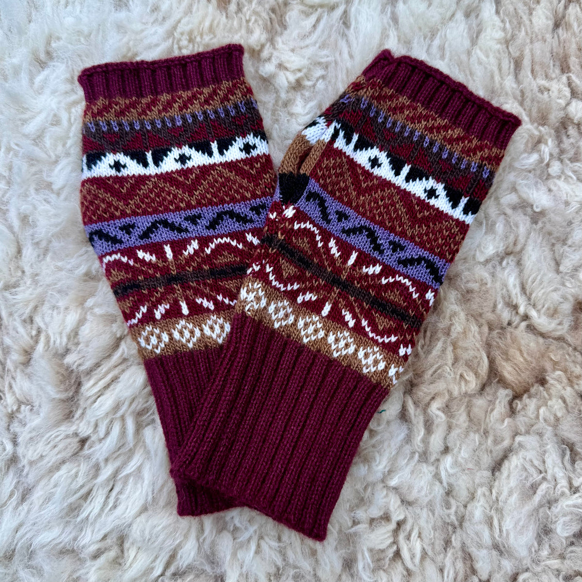 Alpaca Blend Fair Isle Fingerless Gloves- Burgundy