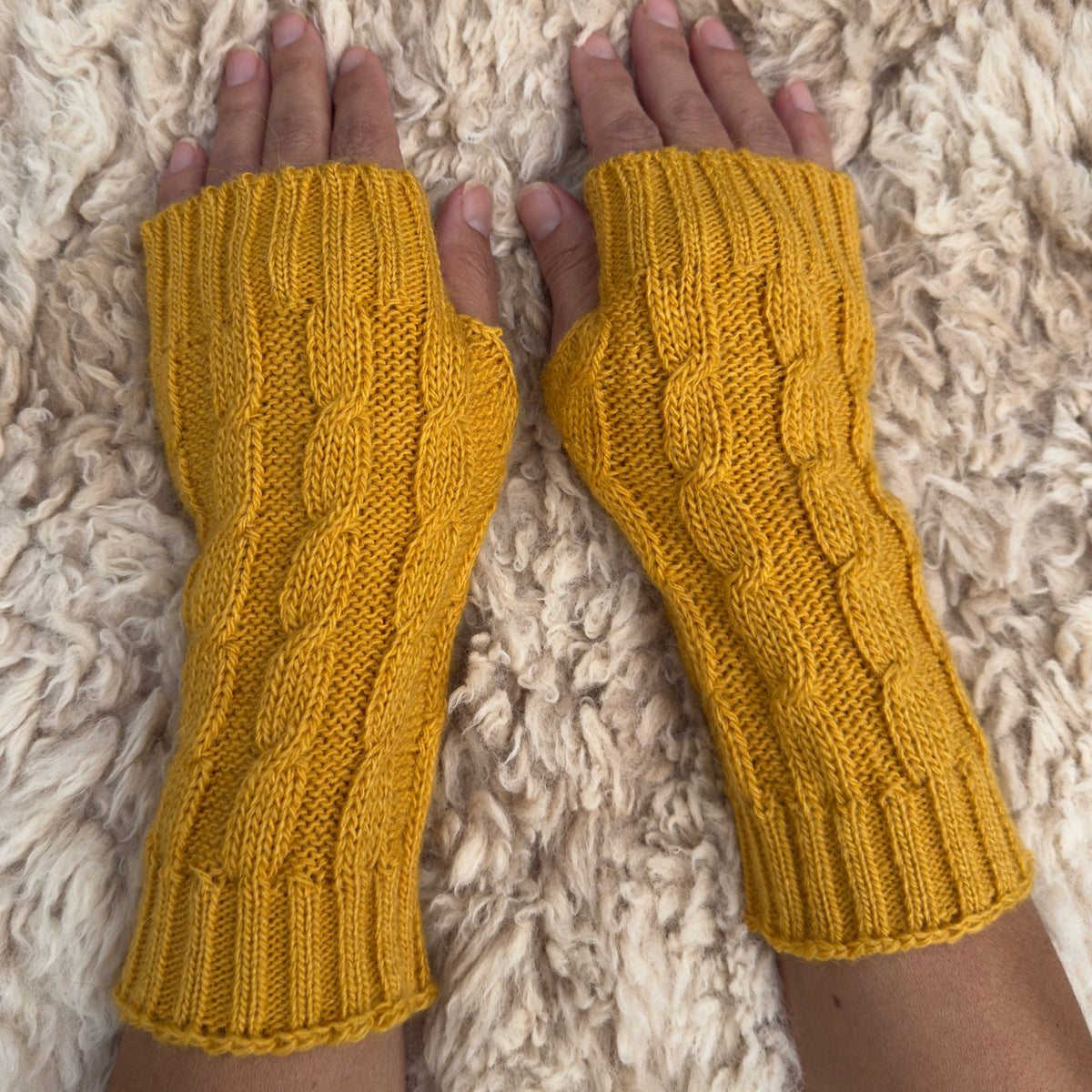 Mustard Alpaca Blend Cable Knit Fingerless Gloves