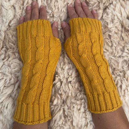 Mustard Alpaca Blend Cable Knit Fingerless Gloves