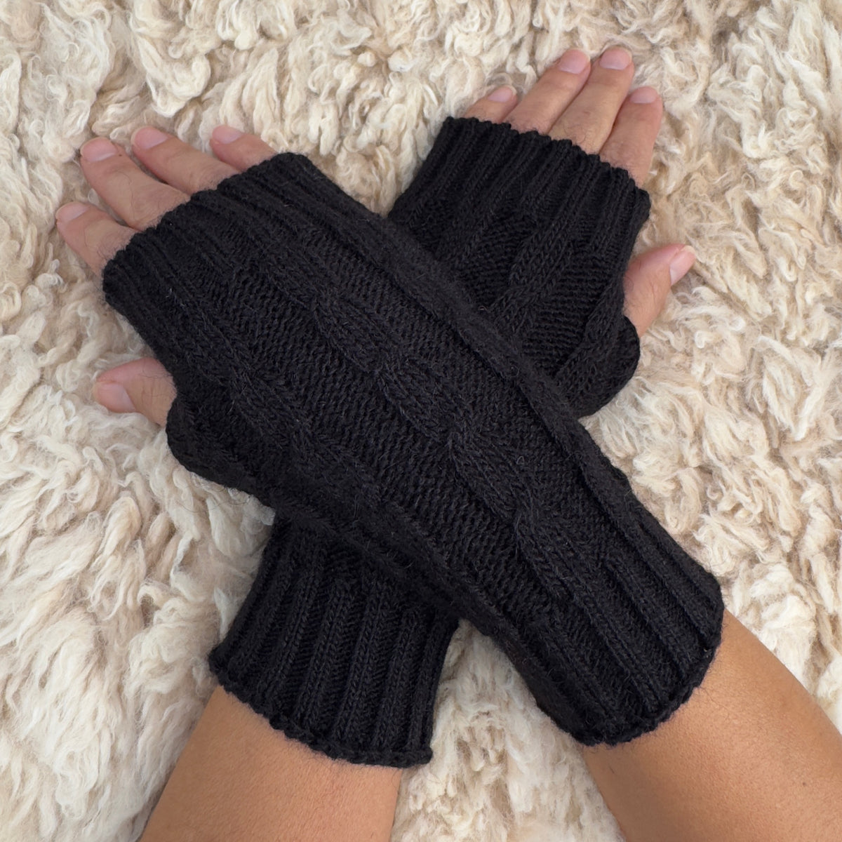 Black Alpaca Blend Cable Knit Fingerless Gloves