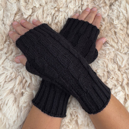 Black Alpaca Blend Cable Knit Fingerless Gloves