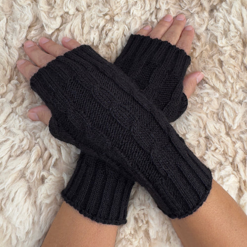 Black Alpaca Blend Cable Knit Fingerless Gloves