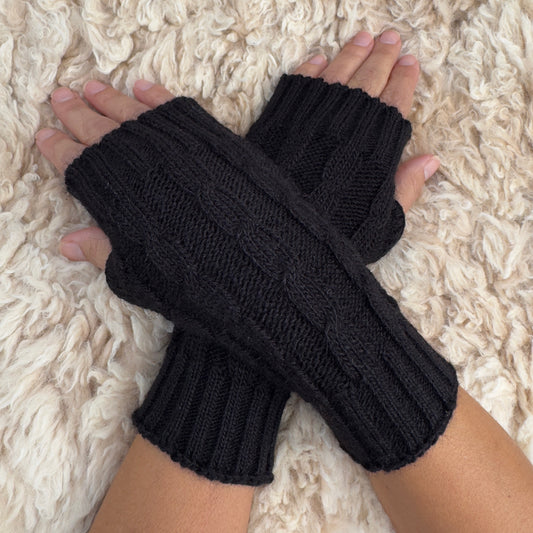 Black Alpaca Blend Cable Knit Fingerless Gloves