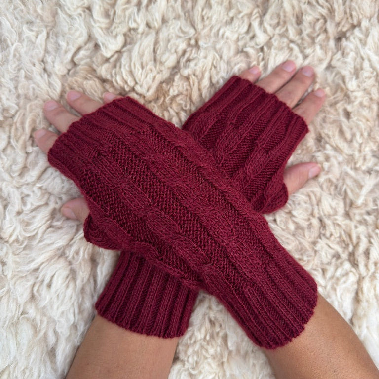 Burgundy Alpaca Blend Cable Knit Fingerless Gloves