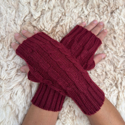 Burgundy Alpaca Blend Cable Knit Fingerless Gloves