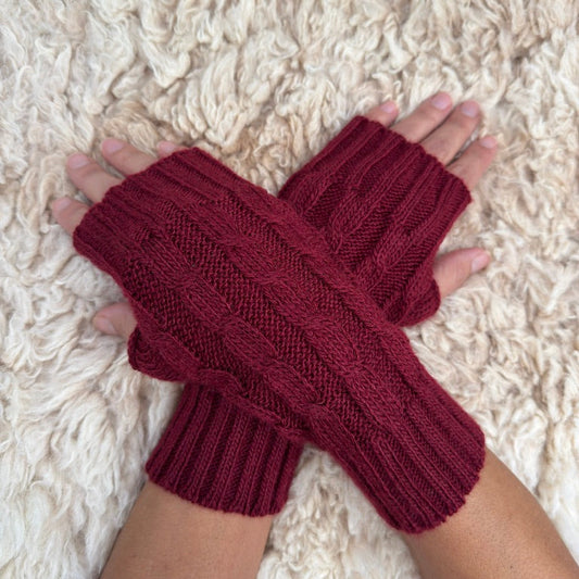 Burgundy Alpaca Blend Cable Knit Fingerless Gloves