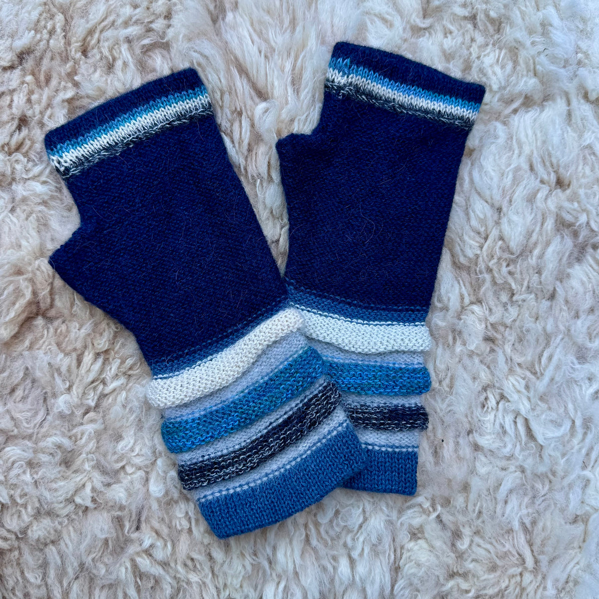 Navy Blue Baby Alpaca Fingerless Gloves | Striped Wrist Warmers
