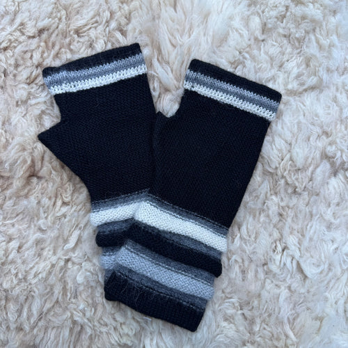 Black Baby Alpaca Fingerless Gloves | Striped Wrist Warmers