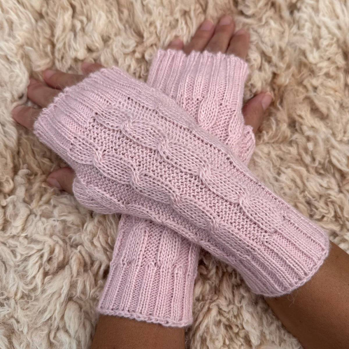 Pink Alpaca Blend Cable Knit Fingerless Gloves