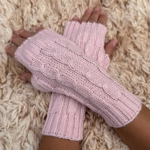 Pink Alpaca Blend Cable Knit Fingerless Gloves