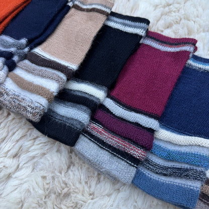 Midnight Navy Baby Alpaca Fingerless Gloves | Grey Striped Wrist Warmers
