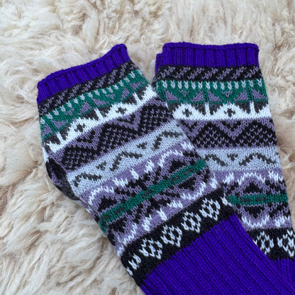 Alpaca Blend Fair Isle Fingerless Gloves- Purple