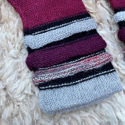 Burgundy Baby Alpaca Fingerless Gloves | Plum Striped Wrist Warmers