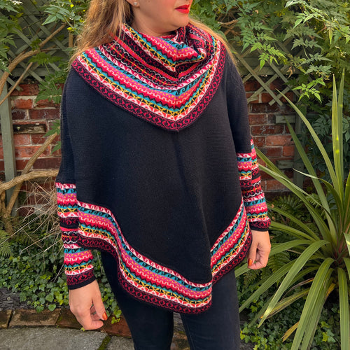Black & Pink Fair Isle Alpaca Poncho with Sleeves