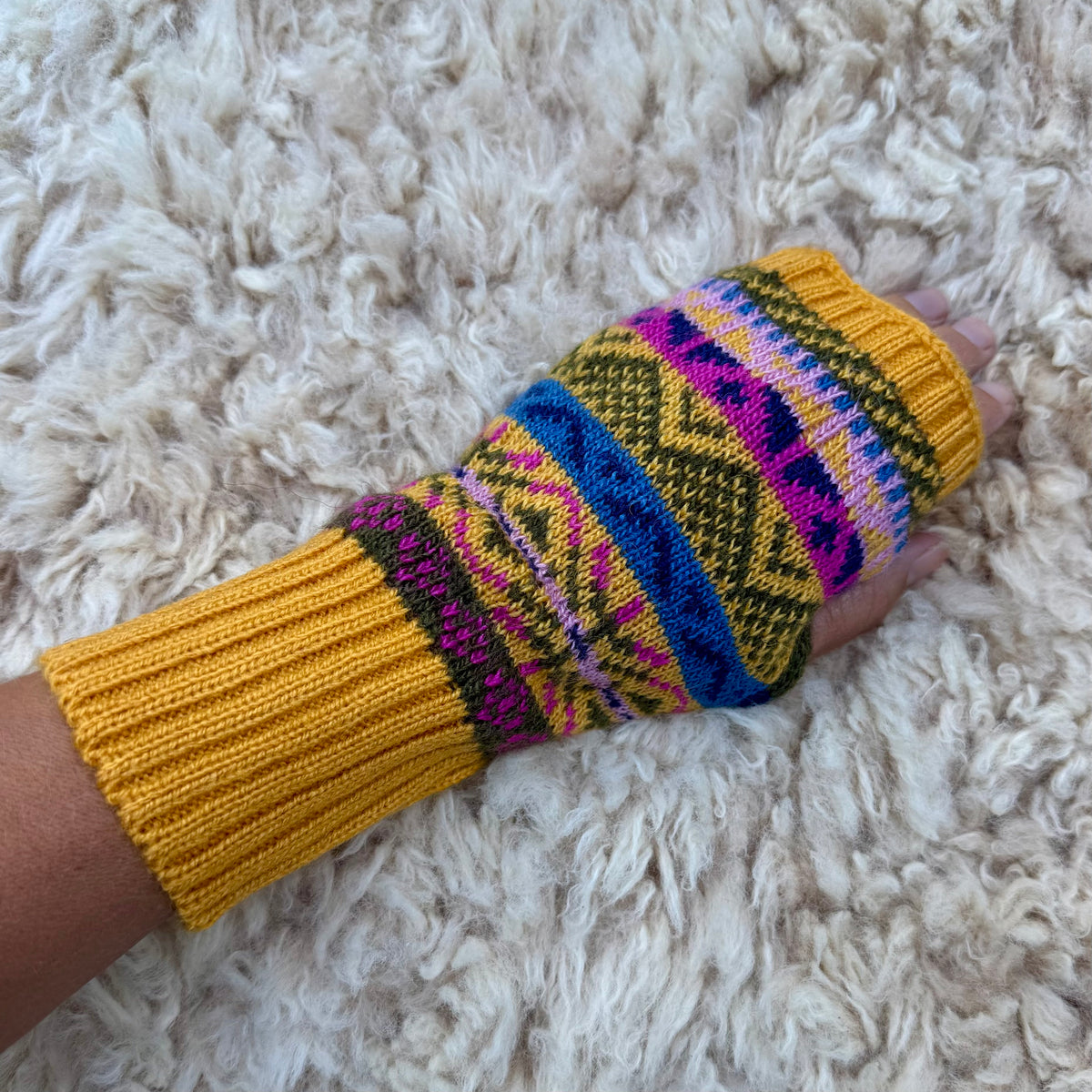 Alpaca Blend Fair Isle Fingerless Gloves- Mustard