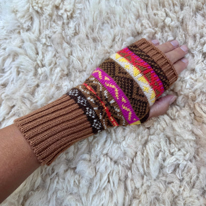 Alpaca Blend Fair Isle Fingerless Gloves- Chocolate
