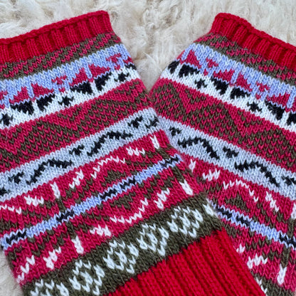 Alpaca Blend Fair Isle Fingerless Gloves- Red
