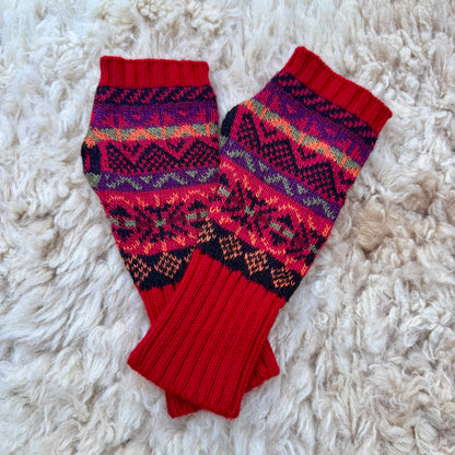Alpaca Blend Fair Isle Fingerless Gloves - Red