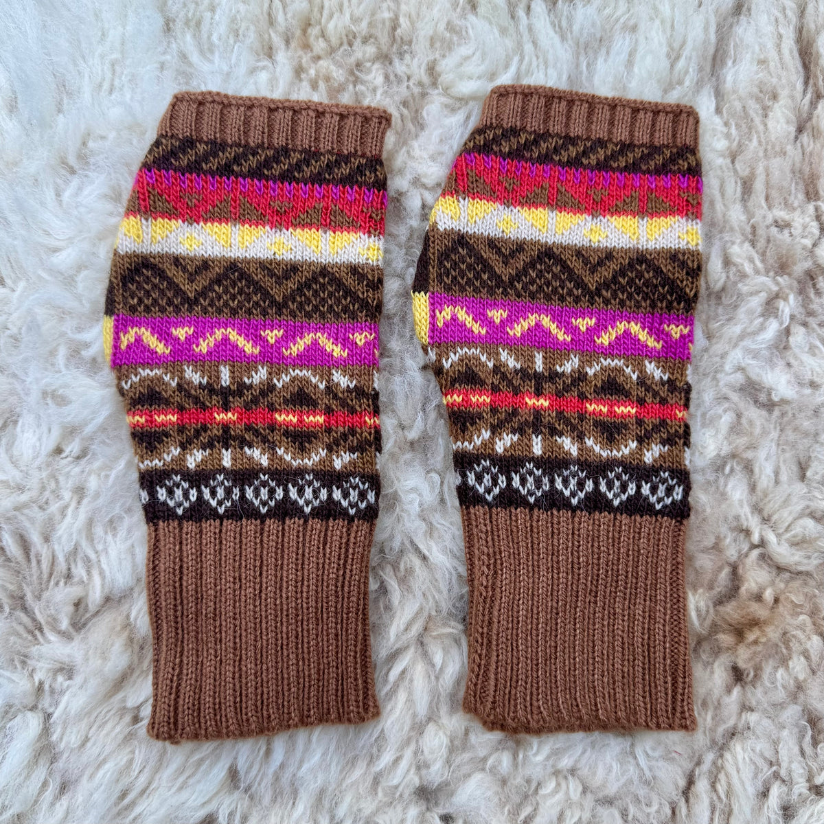 Alpaca Blend Fair Isle Fingerless Gloves- Chocolate