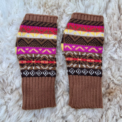 Alpaca Blend Fair Isle Fingerless Gloves- Chocolate