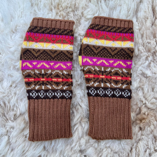 Alpaca Blend Fair Isle Fingerless Gloves- Chocolate