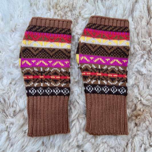 Alpaca Blend Fair Isle Fingerless Gloves- Chocolate