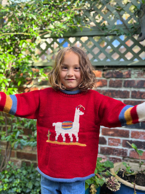 Toddler llama knit jumper, red llama pullover made from alpaca wool, Llama sweater, Llama gilrl boy clothing