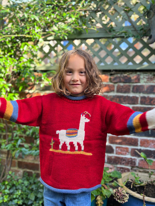 Toddler llama knit jumper, red llama pullover made from alpaca wool, Llama sweater, Llama gilrl boy clothing