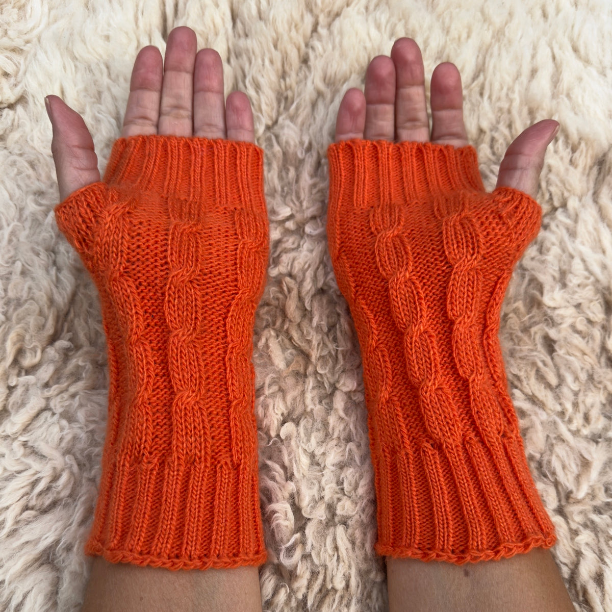 Orange Alpaca Blend Cable Knit Fingerless Gloves
