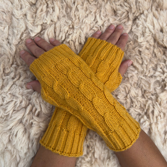 Mustard Alpaca Blend Cable Knit Fingerless Gloves