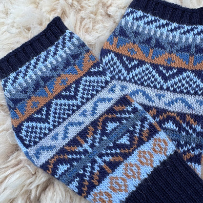 Alpaca Blend Fair Isle Fingerless Gloves- Navy Blue