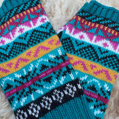 Alpaca Blend Fair Isle Fingerless Gloves- Green