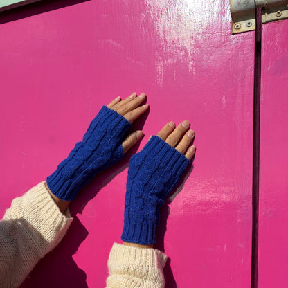 Royal Blue Cable Knit Alpaca Fingerless Gloves