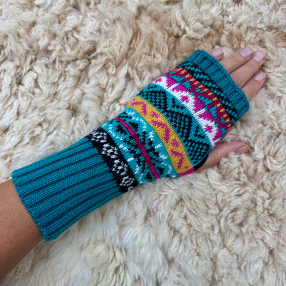 Alpaca Blend Fair Isle Fingerless Gloves- Green