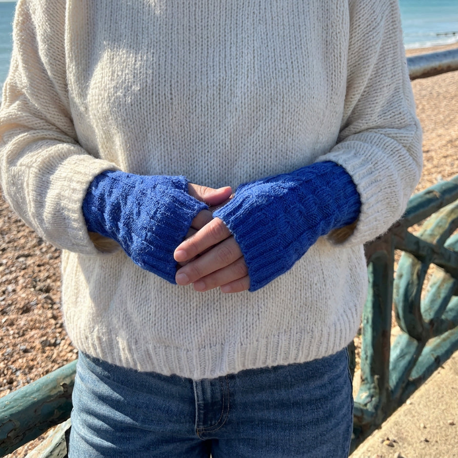Royal Blue Cable Knit Alpaca Fingerless Gloves