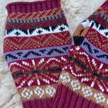 Alpaca Blend Fair Isle Fingerless Gloves- Burgundy
