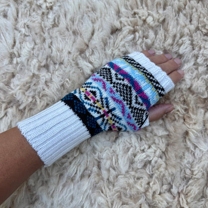 Alpaca Blend Fair Isle Fingerless Gloves- White