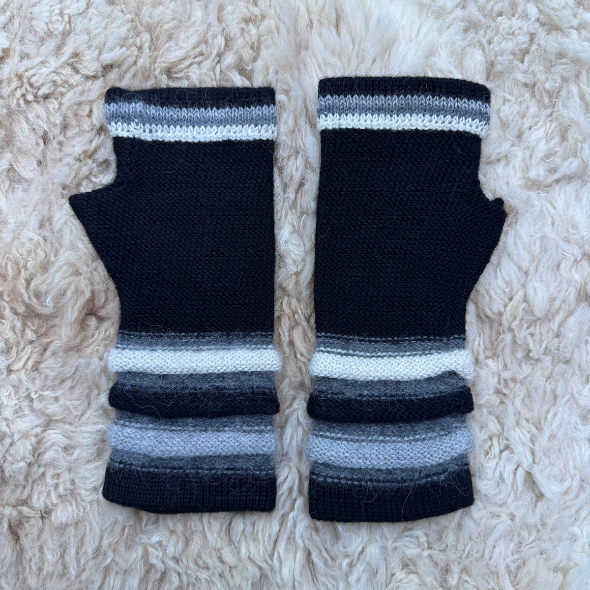 Black Baby Alpaca Fingerless Gloves | Striped Wrist Warmers