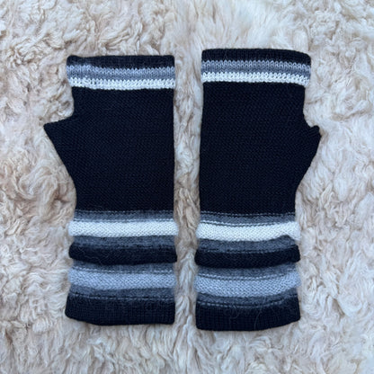 Black Baby Alpaca Fingerless Gloves | Striped Wrist Warmers