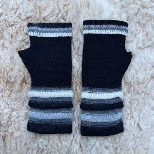 Black Striped Cuff Baby Alpaca Fingerless Gloves