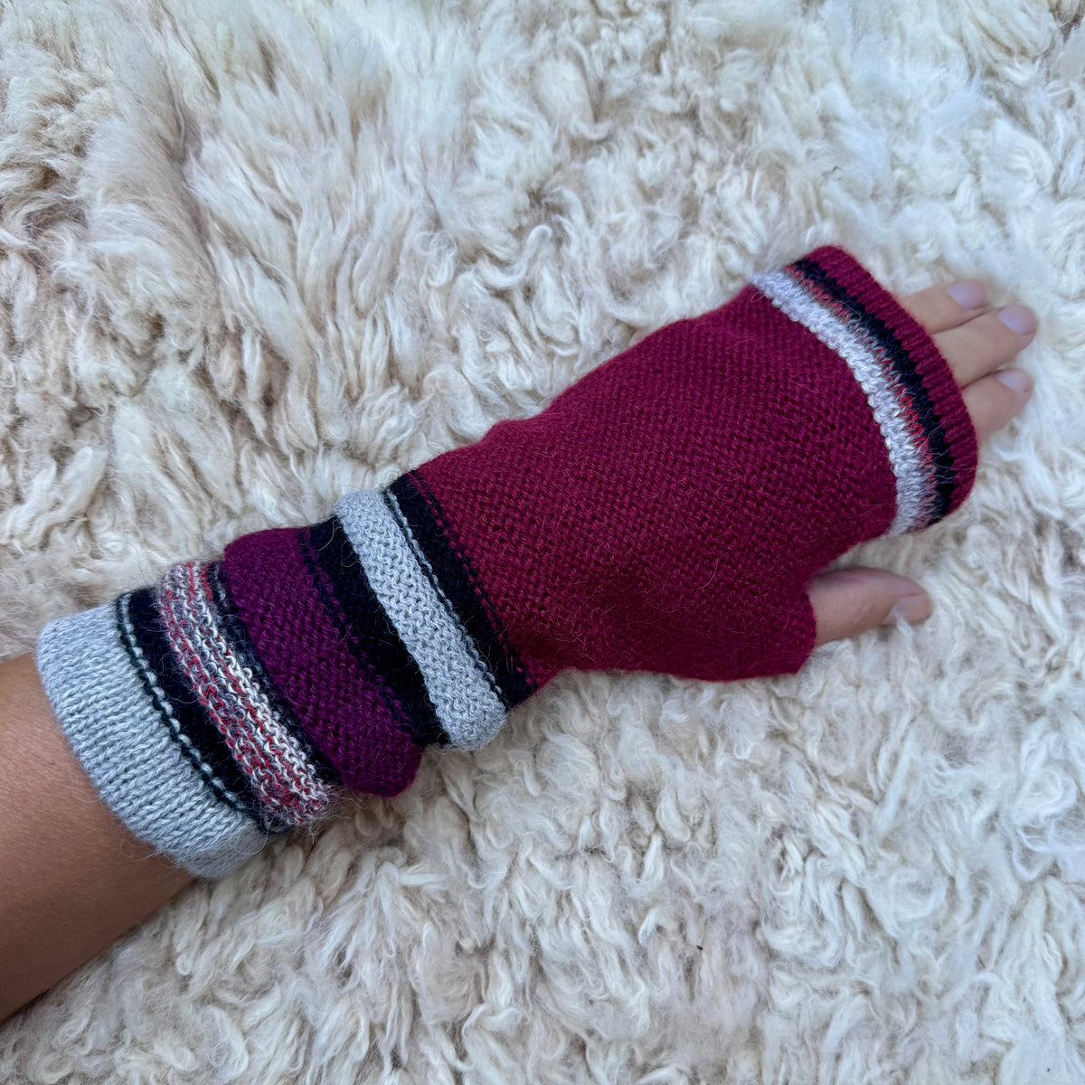 Burgundy Baby Alpaca Fingerless Gloves | Plum Striped Wrist Warmers