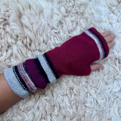 Burgundy Baby Alpaca Fingerless Gloves | Plum Striped Wrist Warmers