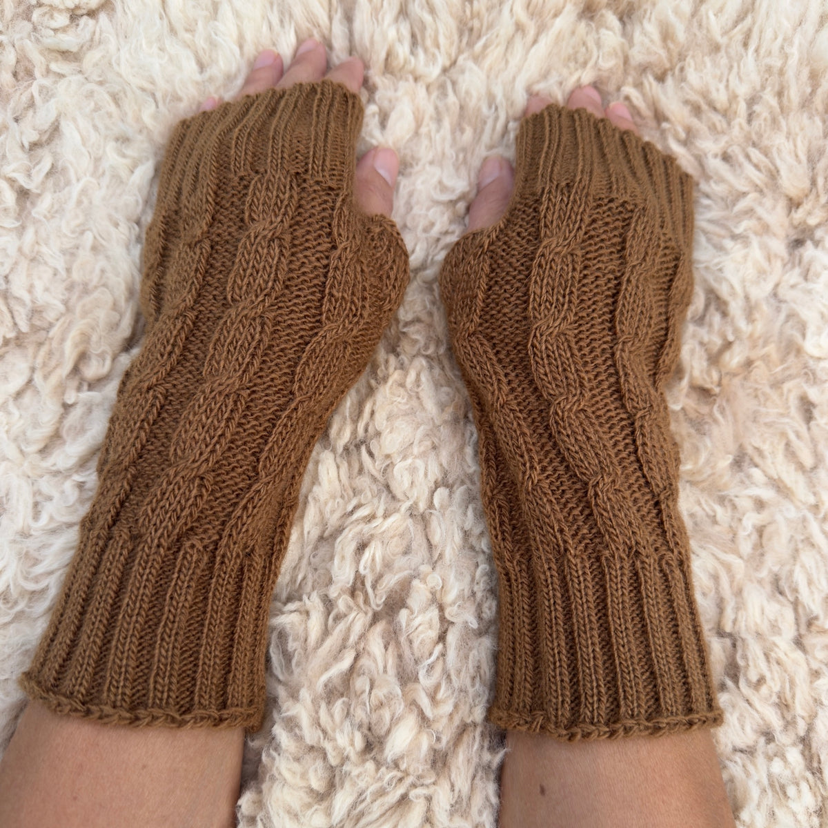 Brown Alpaca Blend Cable Knit Fingerless Gloves