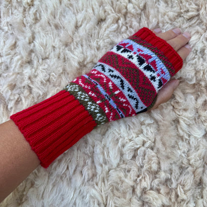 Alpaca Blend Fair Isle Fingerless Gloves- Red